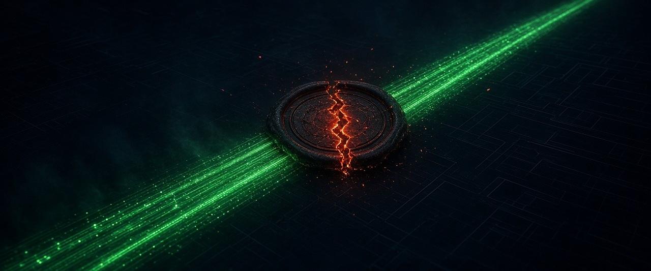 Abstract illustration: a glowing green payment rail running through the dark, interrupted by a cracked seal glowing red.